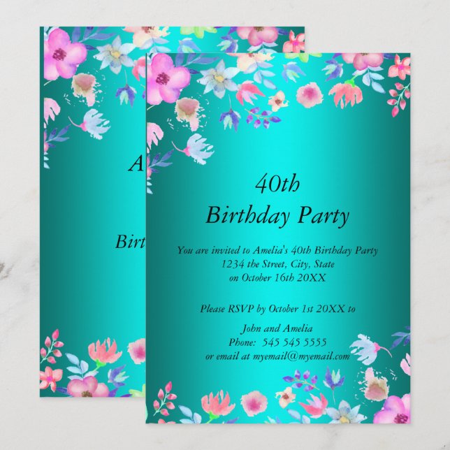 Elegant Teal birthday party invitation (Front/Back)