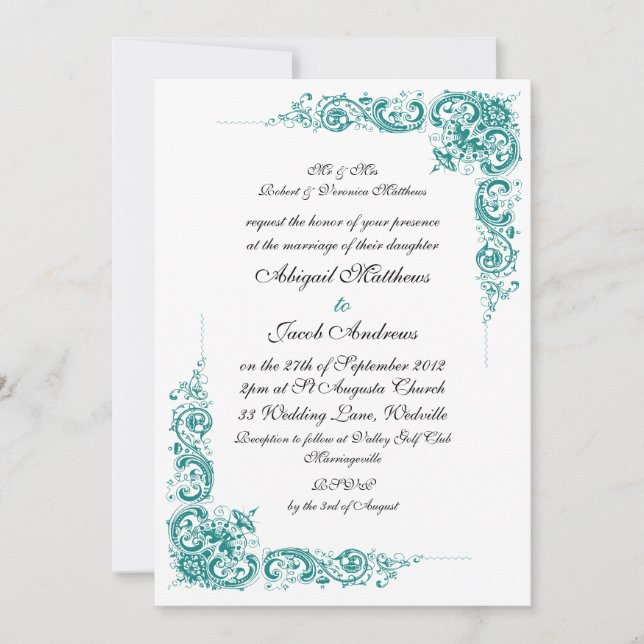 Elegant Teal Black And White Wedding Invitation (Front)