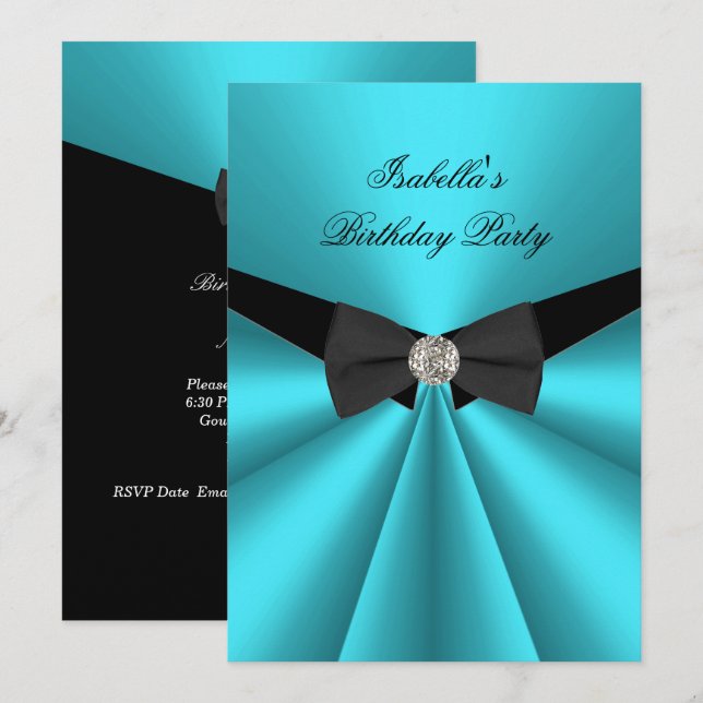 Elegant Teal Black Bow Tie Birthday Party Diamond Invitation (Front/Back)