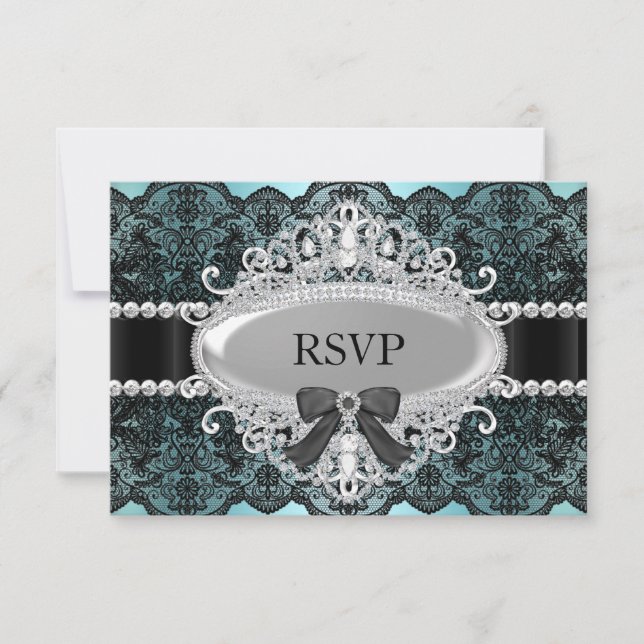 Elegant Teal & Black Diamond Lace RSVP (Front)