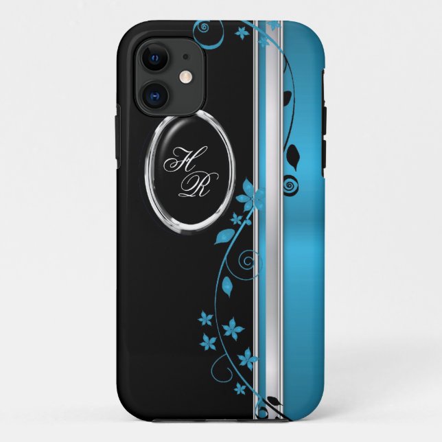 Elegant Teal & Black Floral Monogram iPhone 5 Case (Back)