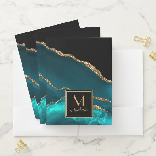 Elegant Teal Black Gold Glitter Marble Monogram  Pocket Folder