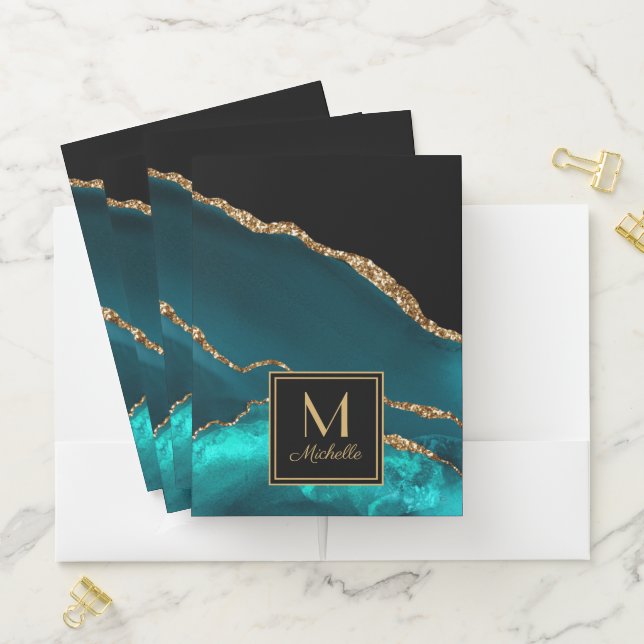 Elegant Teal Black Gold Glitter Marble Monogram  Pocket Folder (In Situ)