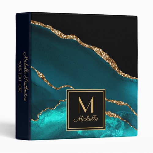 Elegant Teal Black Gold Marble Monogram    3 Ring Binder