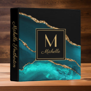 Elegant Teal Black Gold Marble Monogram 3 Ring Binder