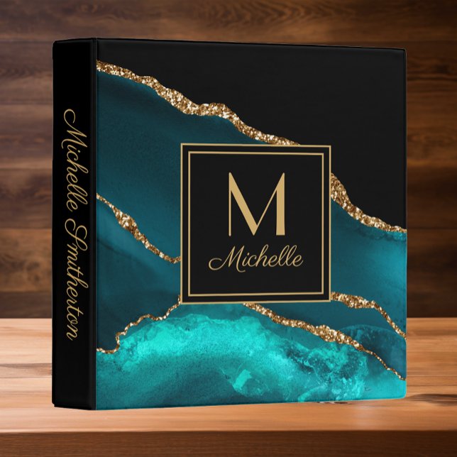 Elegant Teal Black Gold Marble Monogram     3 Ring Binder (Elegant teal, black, and gold marble monogram binder for home, school, or office)