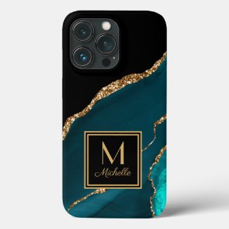 Elegant Teal Black Gold Monogram Initial Name 