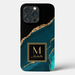 Elegant Teal Black Gold Monogram Initial Name iPhone 13 Pro Case