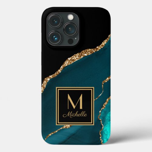 Elegant Teal Black Gold Monogram Initial Name  iPhone 13 Pro Case