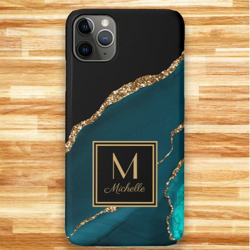 Elegant Teal Black Gold Monogram Initial Name  iPhone 11 Pro Max Case