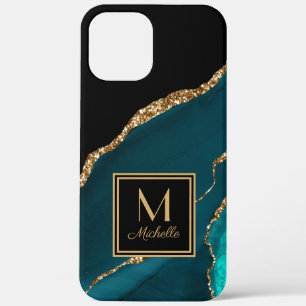 Elegant Teal Black Gold Monogram Initial Name iPhone 12 Pro Max Case