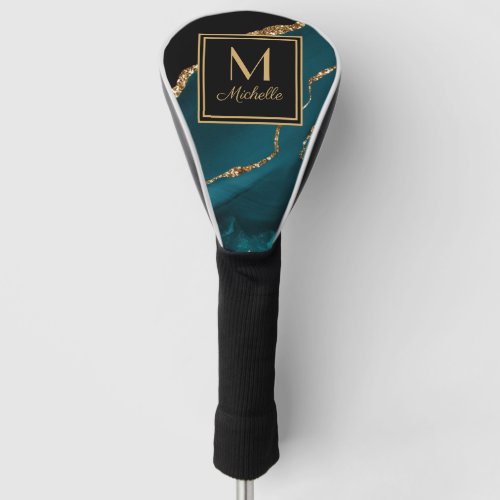 Elegant Teal Black Gold Monogram Initial Name Golf Head Cover