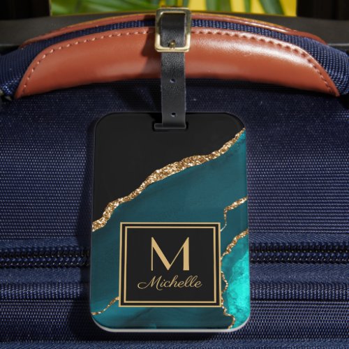Elegant Teal Black Gold Monogram Initial Name   Luggage Tag