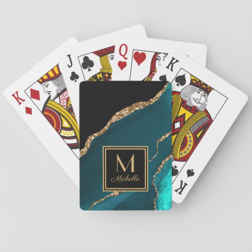 Elegant Teal Black Gold Monogram Initial Name    Poker Cards