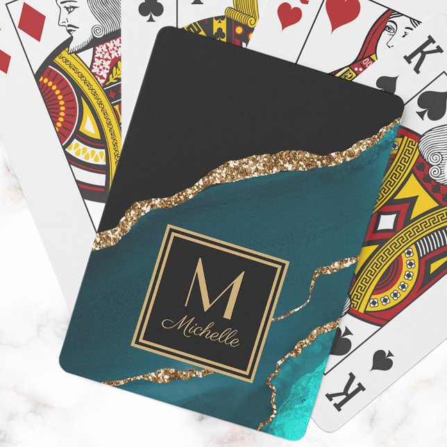 Elegant Teal Black Gold Monogram Initial Name  Poker Cards (Elegant teal and black marble monogram playing cards. )