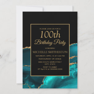Elegant Teal Black Marble Gold 100th Birthday  Invitation