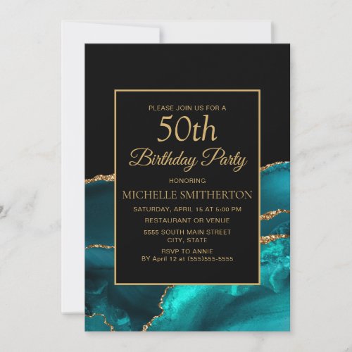 Elegant Teal Black Marble Gold 50th Birthday Invitation