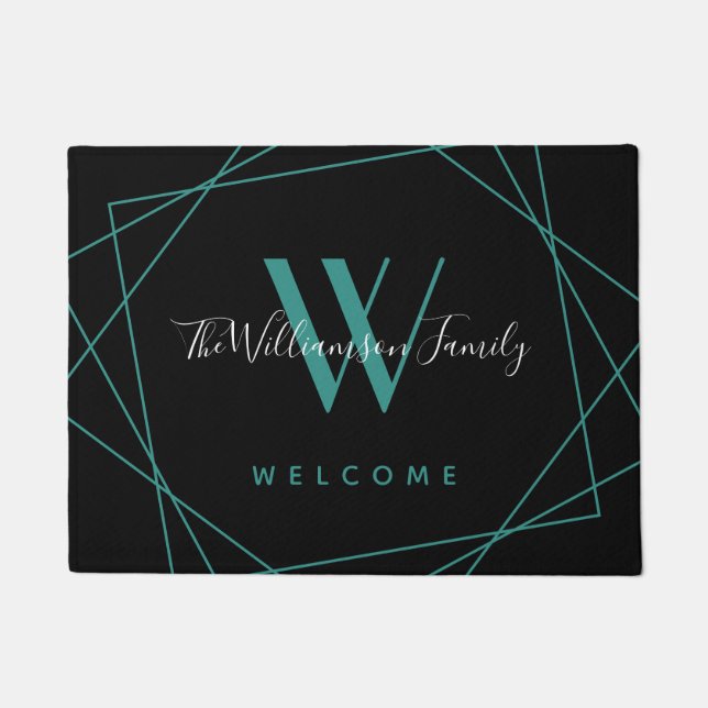 Elegant Teal Black Monogram Family Name Script Doormat (Front)