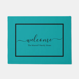 Elegant teal black script family name welcome doormat