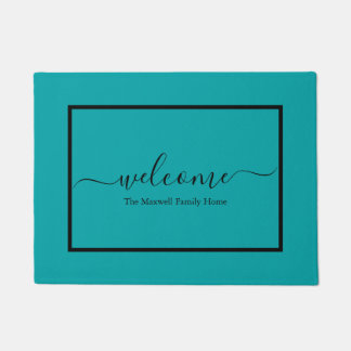 Elegant teal black script family name welcome   doormat