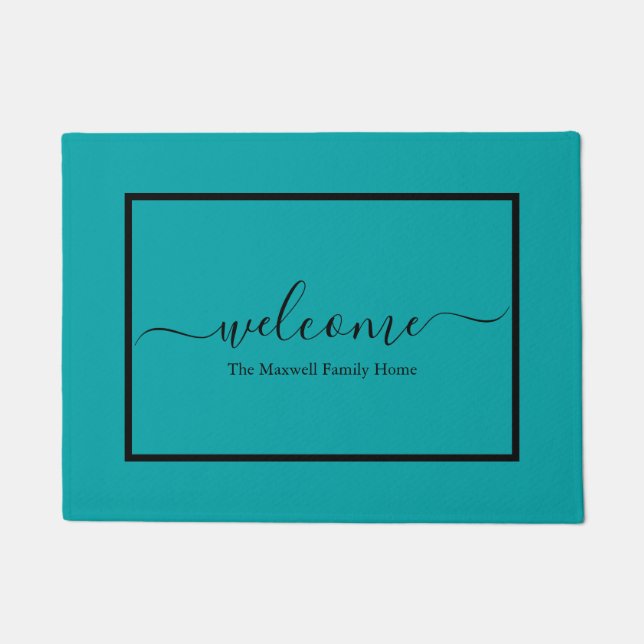 Elegant teal black script family name welcome   doormat (Front)