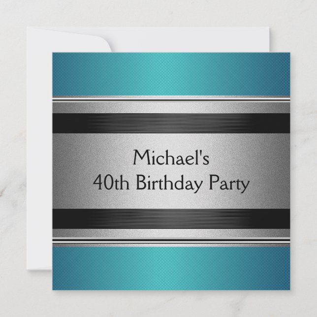 Elegant Teal Black & Silver Metal 40th Birthday Invitation (Front)