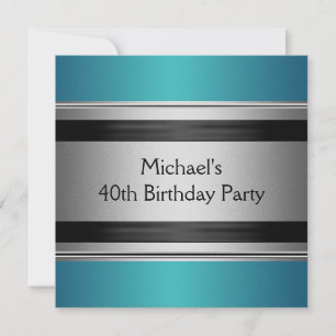 Elegant Teal Black & Silver Metal 40th Birthday Invitation