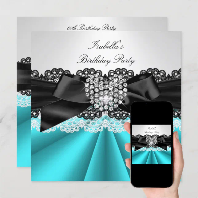 Elegant Teal Black White Diamond Birthday Party 2 Invitation Zazzle