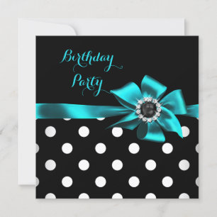 Elegant Teal Black White Polka Dots Birthday Party Invitation
