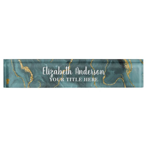 Elegant Teal Blue Agate Geode Chic Monogram Desk Name Plate