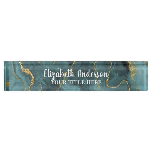 Elegant Teal Blue Agate Geode Chic Monogram Desk Name Plate (Front)
