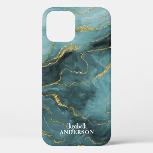 Elegant Teal Blue Agate Geode Marble Monogram  iPhone 12 Pro Case
