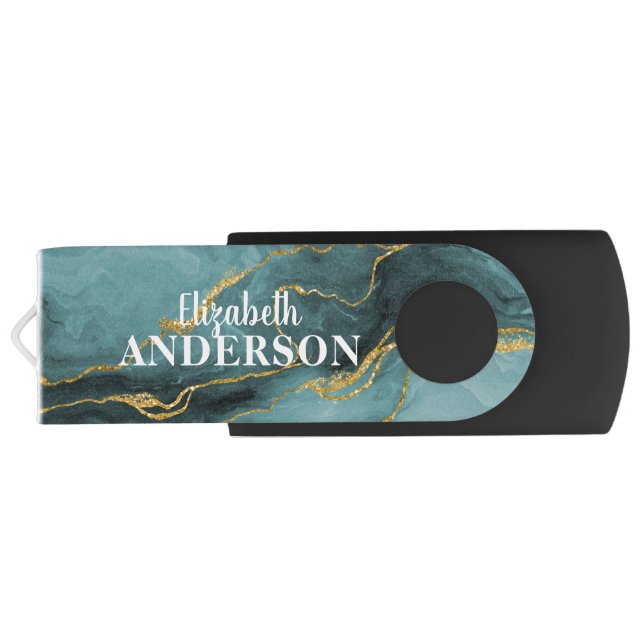 Elegant Teal Blue Agate Geode Marble Monogram Flash Drive (Back)