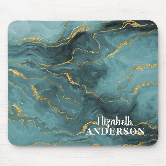 Elegant Teal Blue Agate Geode Marble Monogram Name Mouse Pad (Front)