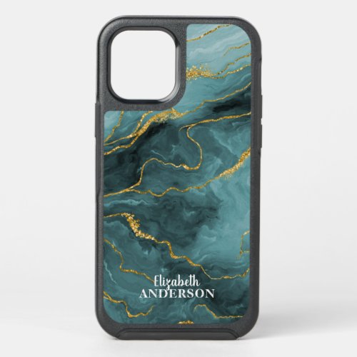 Elegant Teal Blue Agate Geode Marble Monogram OtterBox Symmetry iPhone 12 Pro Case