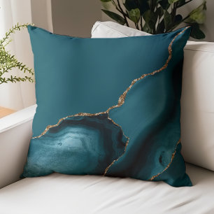 Elegant Teal Blue Agate Gold Glitter Throw Pillow