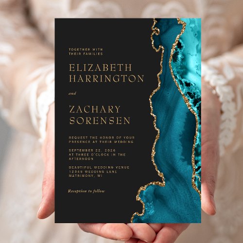 Elegant Teal Blue Agate Gold Wedding Invitation