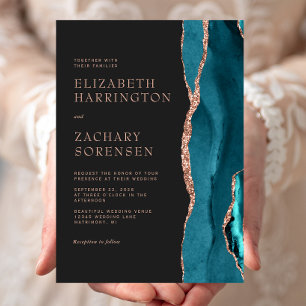 Elegant Teal Blue Agate Rose Gold Wedding Invitation