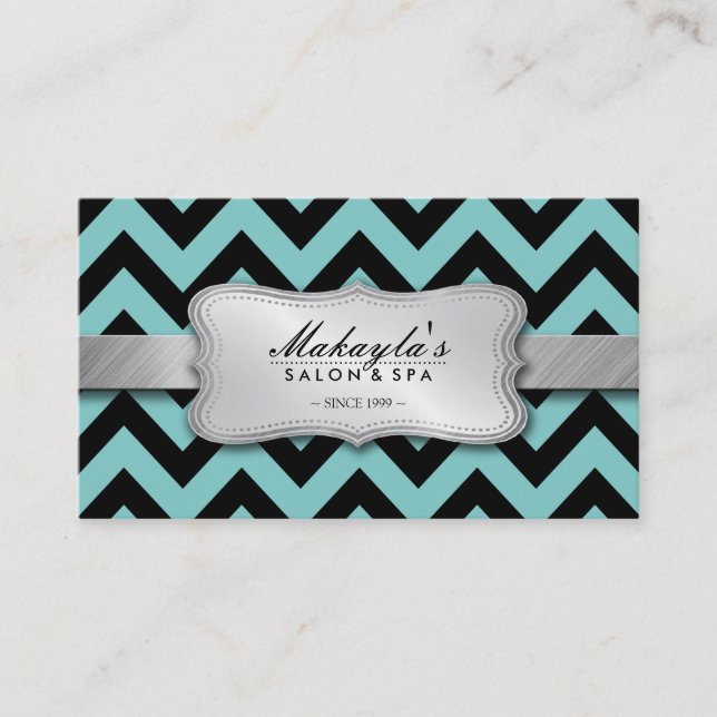 Elegant Teal Blue and Black Chevron Pattern Business Card (Front)