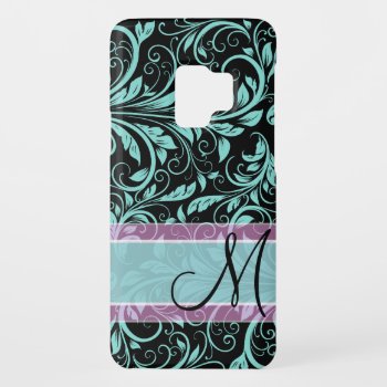 Elegant Teal Blue And Black Damask With Monogram Case-mate Samsung Galaxy S9 Case by eatlovepray at Zazzle