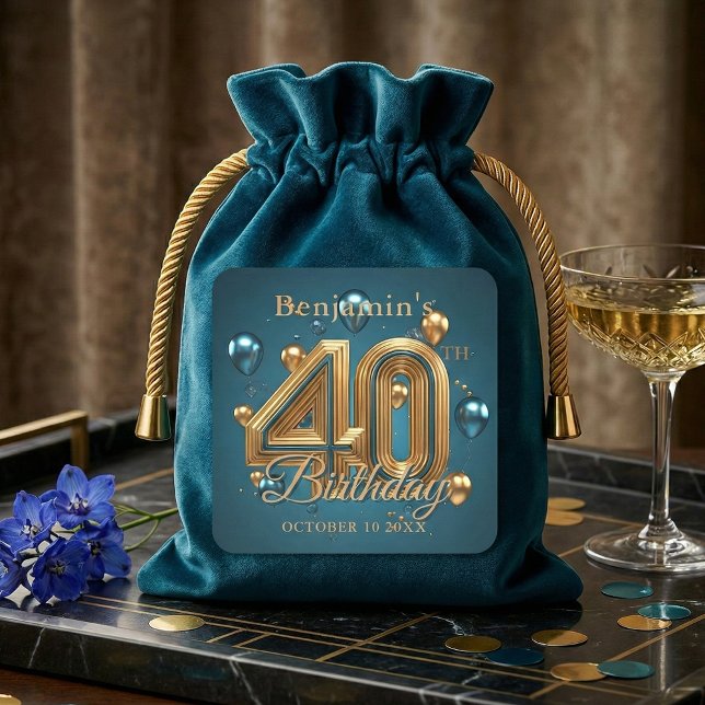 Elegant Teal Blue and Gold 40th Birthday Party Square Sticker (Creator Uploaded)