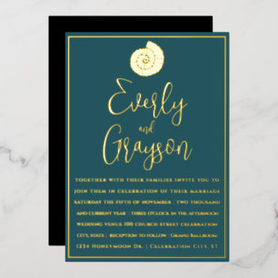 Elegant Teal Blue and Gold Beach Wedding      Foil Invitation