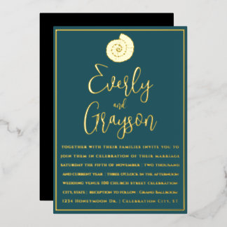 Elegant Teal Blue and Gold Beach Wedding Foil Invitation