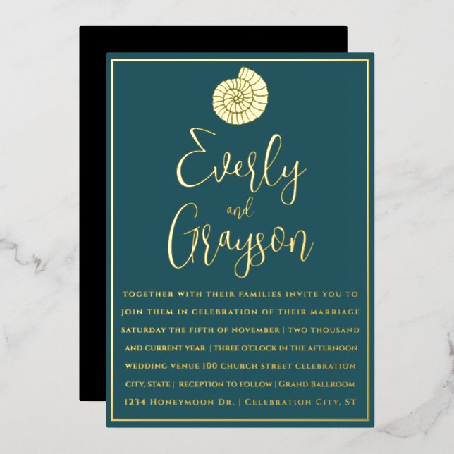 Elegant Teal Blue and Gold Beach Wedding      Foil Invitation (Front/Back)