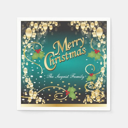 Elegant Teal Blue and Gold Christmas Napkins