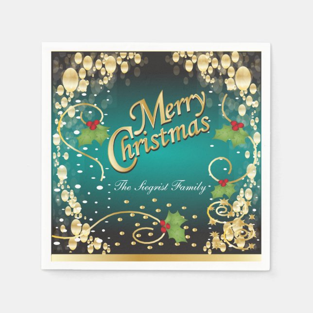 Elegant Teal Blue and Gold Christmas Napkins (Front)