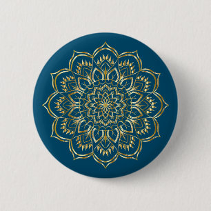 Elegant Teal Blue and Gold Floral Mandala Pattern Button