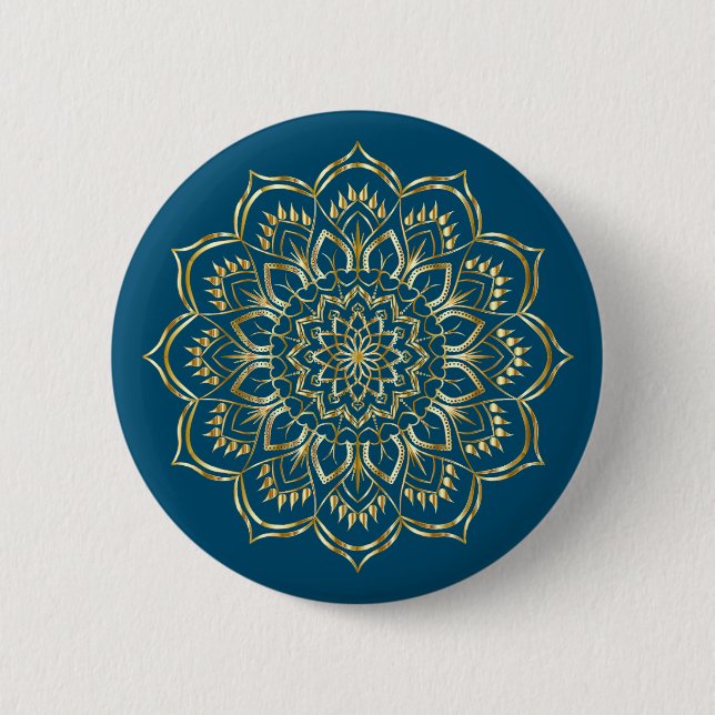 Elegant Teal Blue and Gold Floral Mandala Pattern Button (Front)