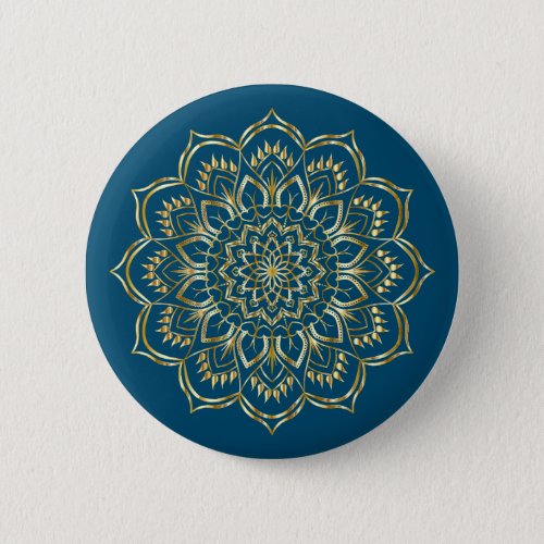 Elegant Teal Blue and Gold Floral Mandala Pattern Button