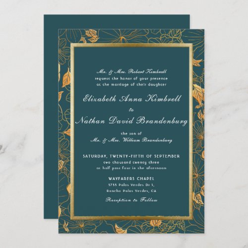 Elegant Teal Blue And Gold Floral Wedding  Invitation